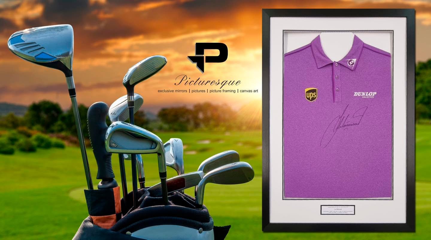 Framed signed tour golf polo shirt