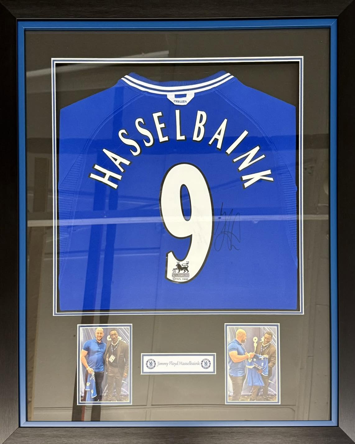 Framed signed Hasselbaink number 9 Chelsea shirt with photographs