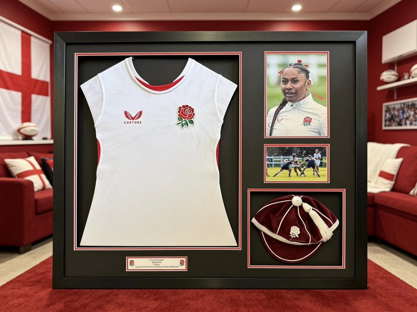 Framed England rugby shirt with honours cap and match photographs